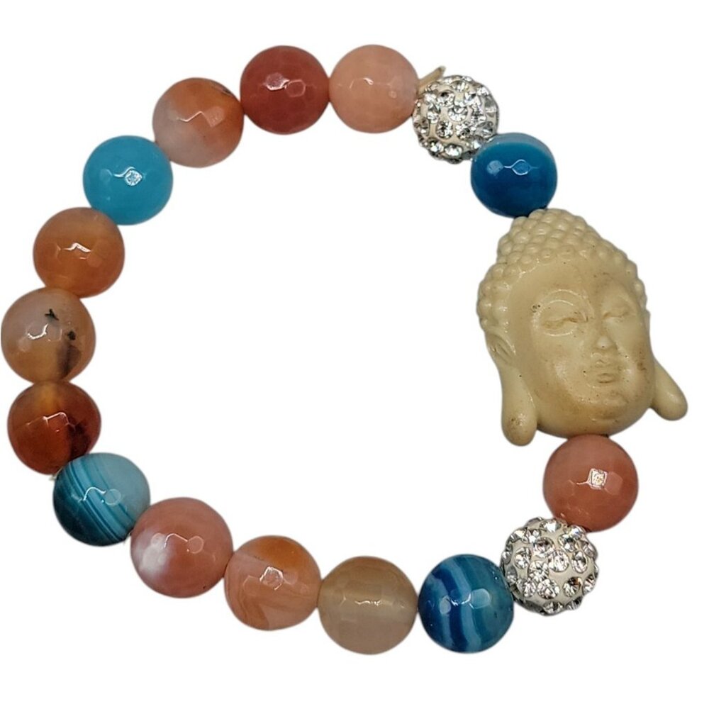 Budda Head Gemstone Bead Stretch Bracelet Multicolor Stones Rhinestones Vintage